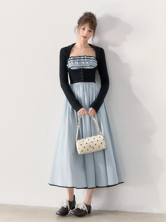 [TMMG] French Vintage Ruffle Dress & Cropped Knit Cardigan Set