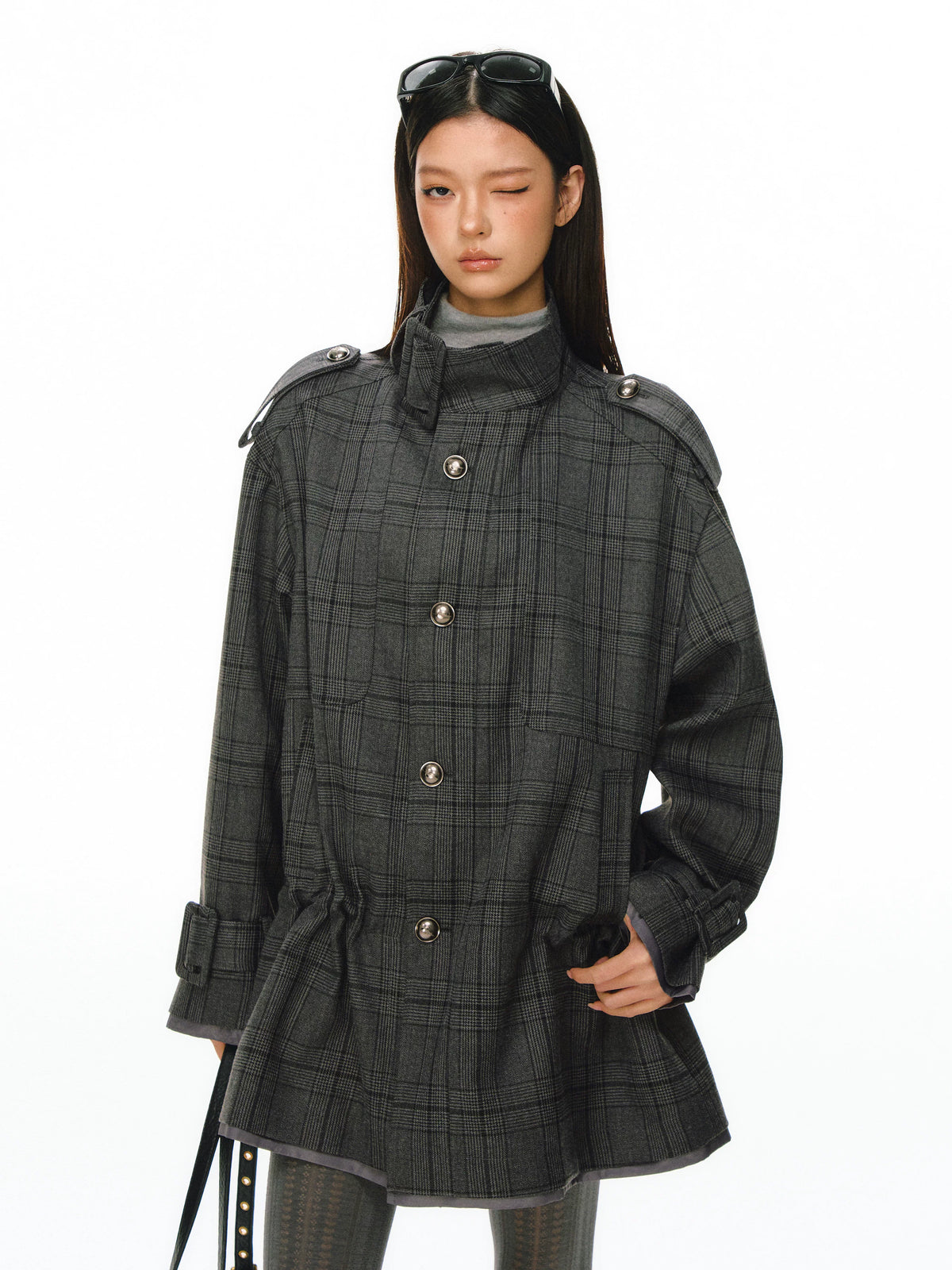 Ariseism - Dark Gray Checked Waist-Defined Mid-Length Trench Coat