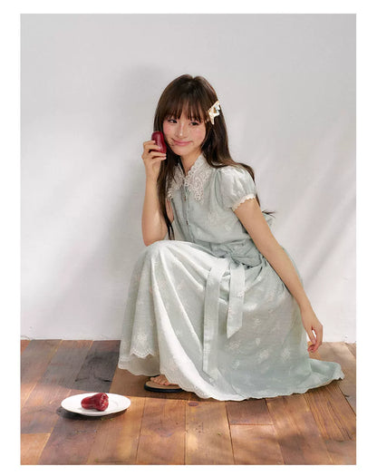 “Sage Meadow Reverie” Sage Green Embroidered Shirt Dress