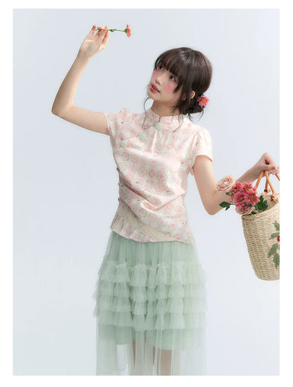 "Lime Mille-Feuille Glow" Peach Mist Chinese-Inspired Short Sleeve Top & Lime Green Tulle Tiered Skirt Set