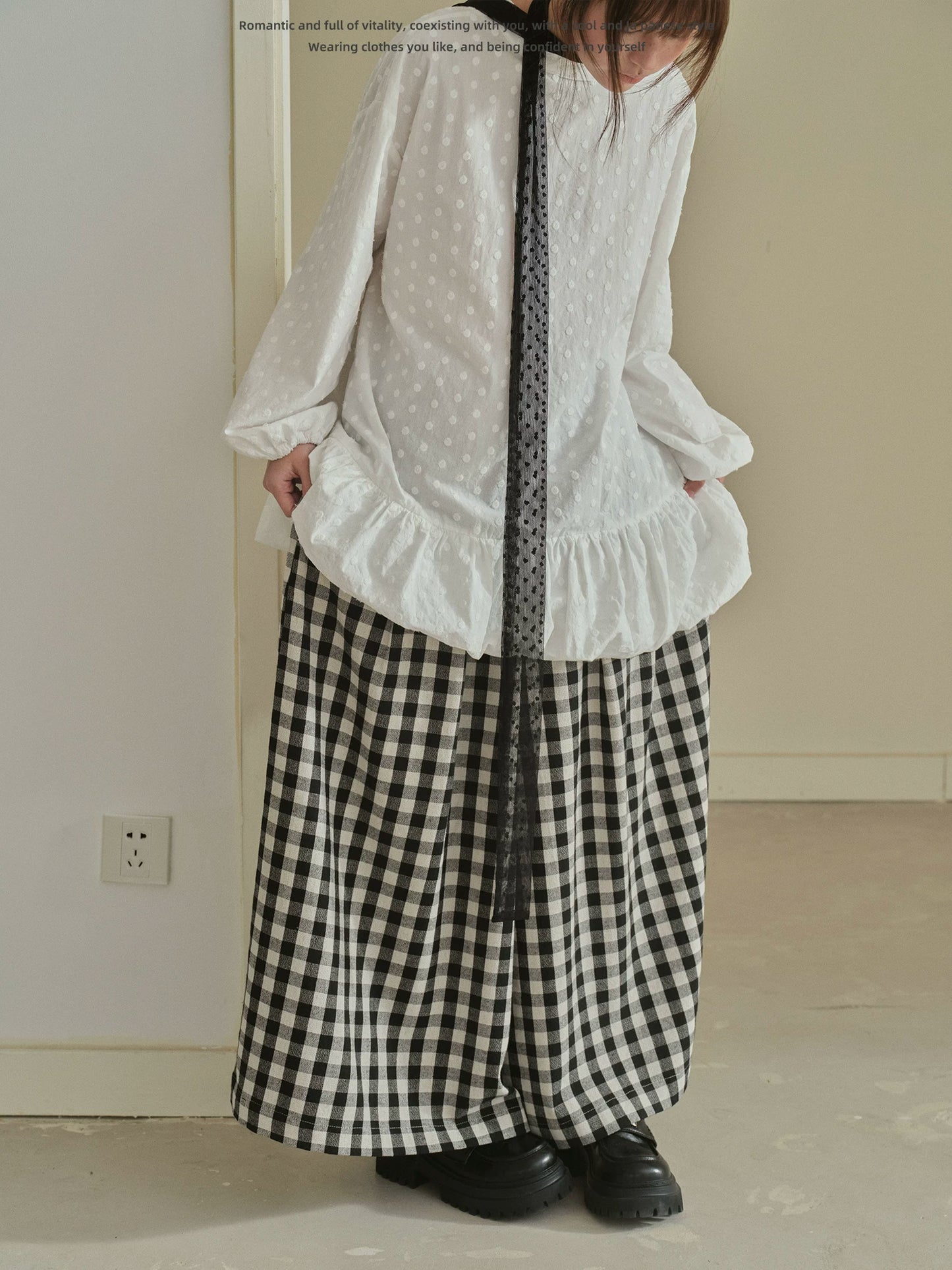 "Quiet Check" Plaid Wide Leg Trousers (Black & White Plaid)