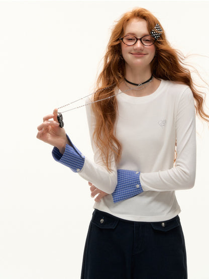 ASGONY - Preppy Detachable Plaid Cuff Long Sleeve Tee (Clean White)