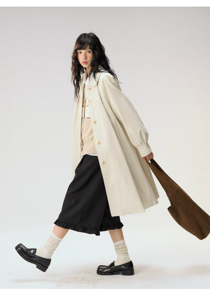 [CAN] “Oat Check Collar” Apricot Bow Cape Collar Trench Coat