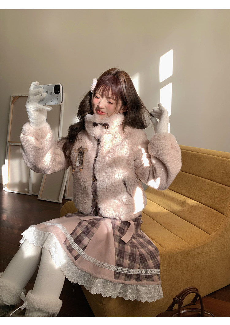 阮阮自制 - Love String Pink Plaid Wool Jacket & Mini Skirt Set
