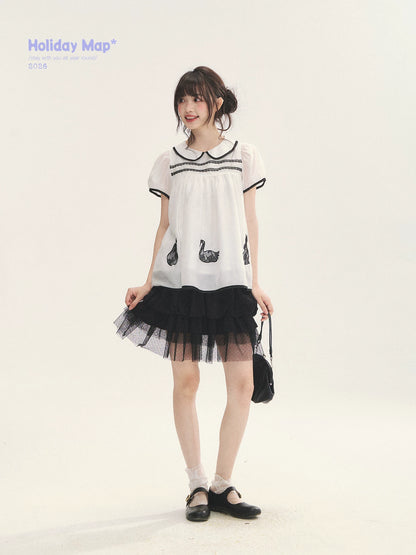 "Black & White Sonata" Polka Dot Mesh Tiered Jellyfish Skirt (White/ Black)