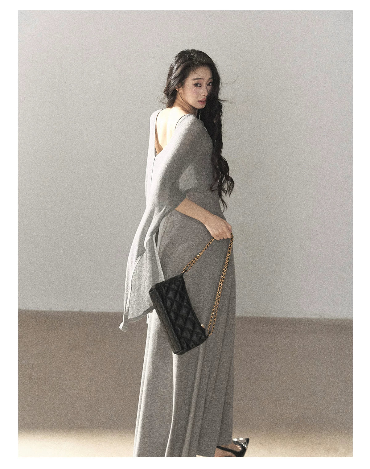AOMALM - French-Inspired Two-Piece Maxi Dress Set with Layered Cape Overlay