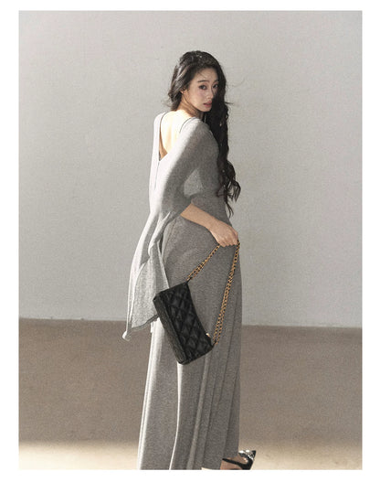 AOMALM - French-Inspired Two-Piece Maxi Dress Set with Layered Cape Overlay