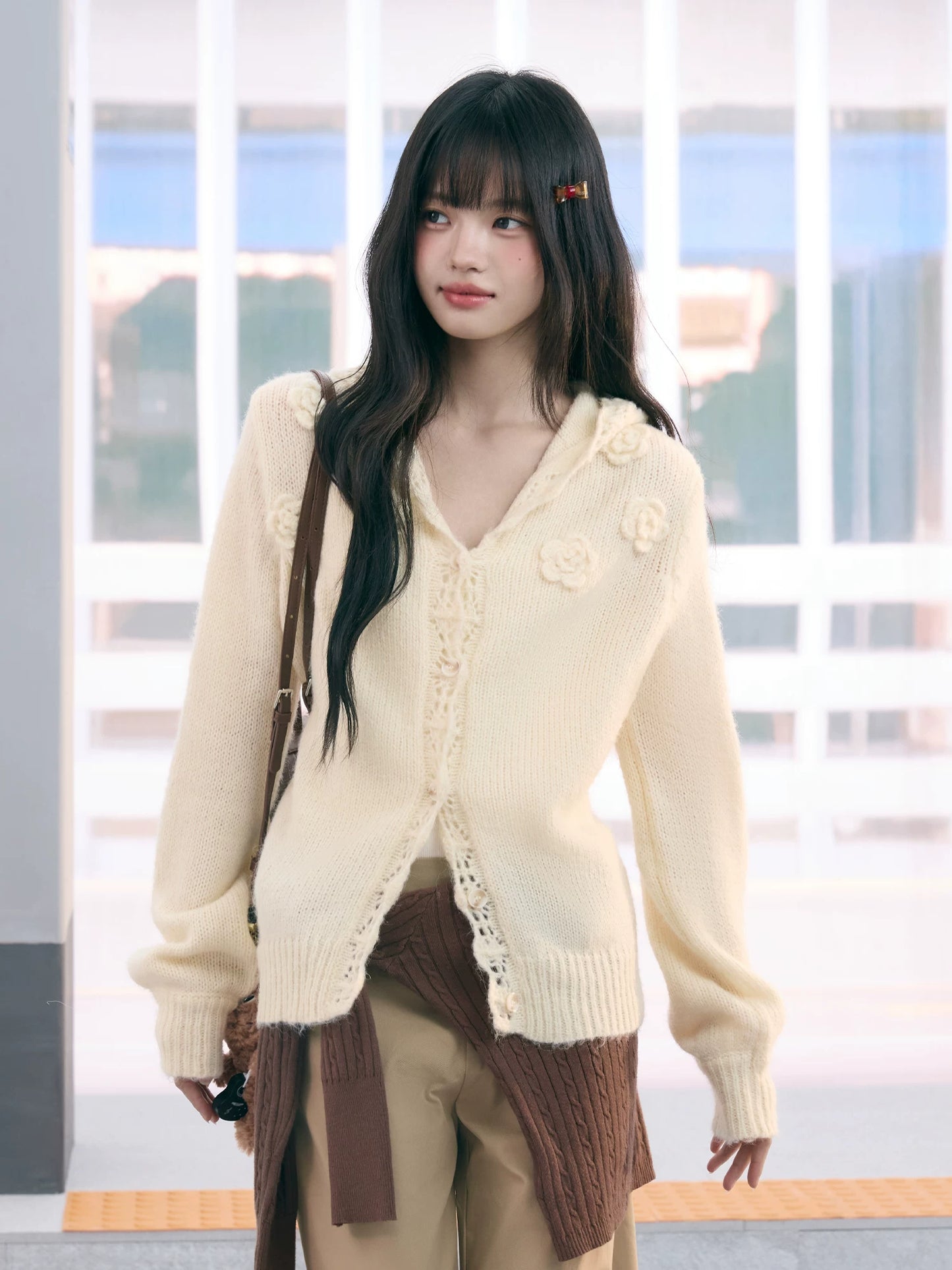 "Bloom Transit" Apricot Floral Hooded Knit Cardigan