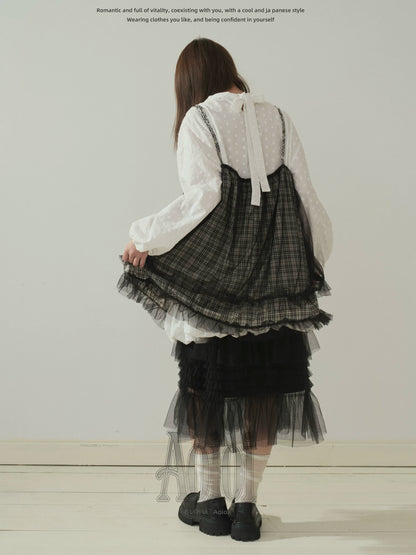 "Layered Breeze" Black & White Plaid Mesh Layering Cami Top