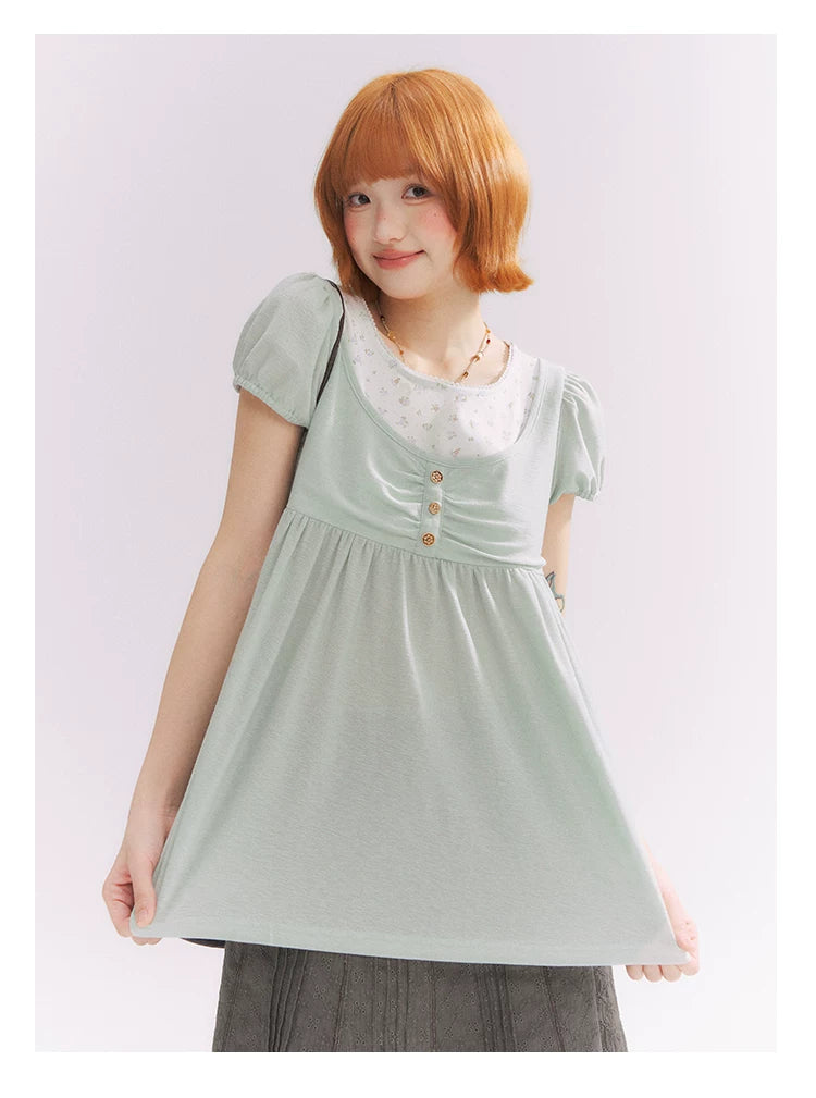 “Vintage Layered Charm” Mint Green Floral Layered Puff Sleeve T-Shirt