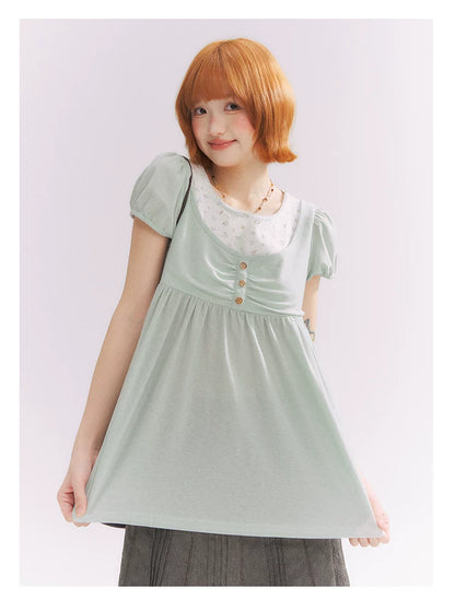 “Vintage Layered Charm” Mint Green Floral Layered Puff Sleeve T-Shirt
