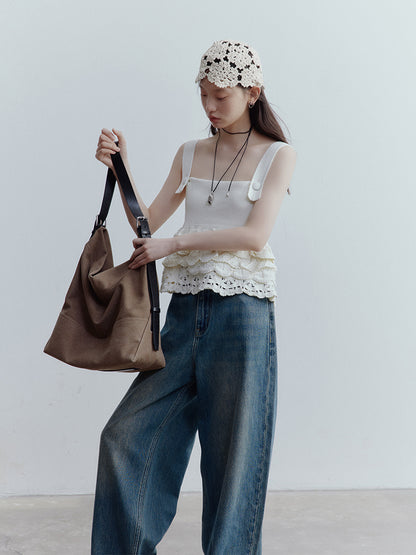 FUSSED Nefelibata Almond Cream Cropped Hand-Crochet Knit Top FOF-25SS175