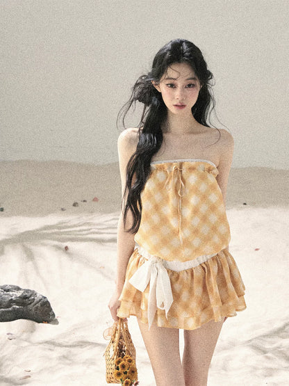 "Breeze Upon the Waves" Cheese Yellow Off-Shoulder Diamond Quilted Mini Dress