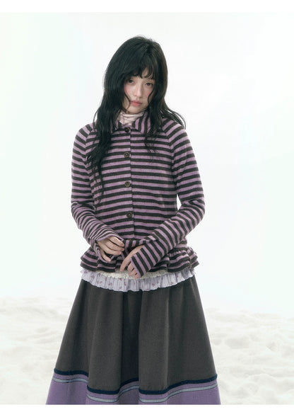 JOVYLLE - Purple Striped Knit Long-Sleeve Layering Top
