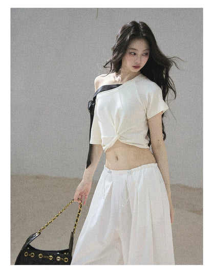 "Moonlight Upon Her" Creamy Apricot Off-Shoulder Twist Cropped T-Shirt