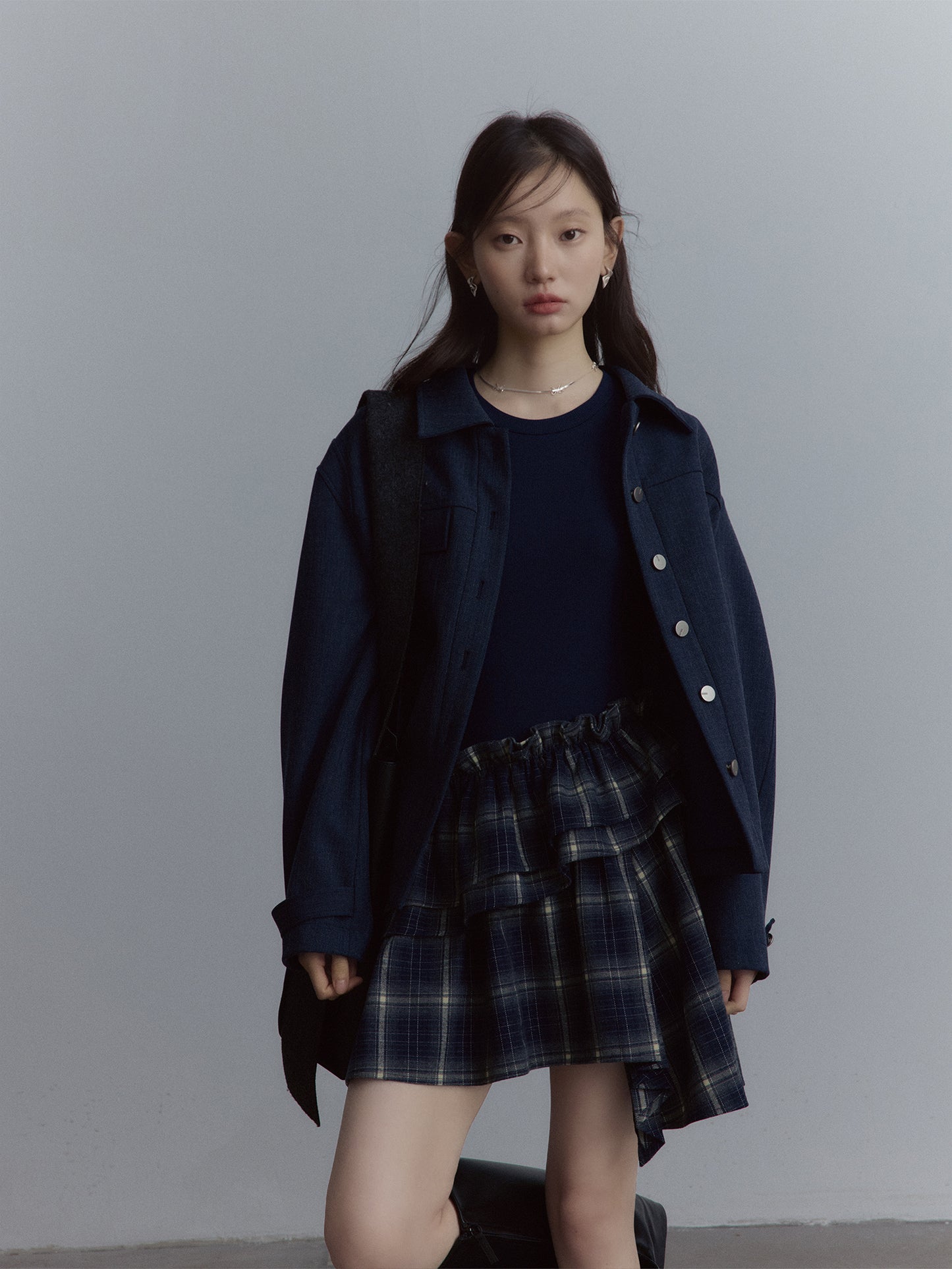 FUSSED Asymmetrical Layered Plaid Dress – Midnight Blue FOF-25AW215
