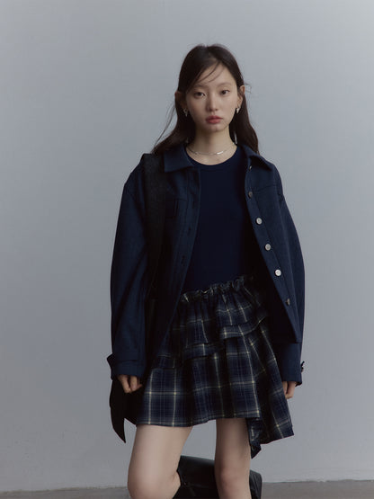 FUSSED Asymmetrical Layered Plaid Dress – Midnight Blue FOF-25AW215