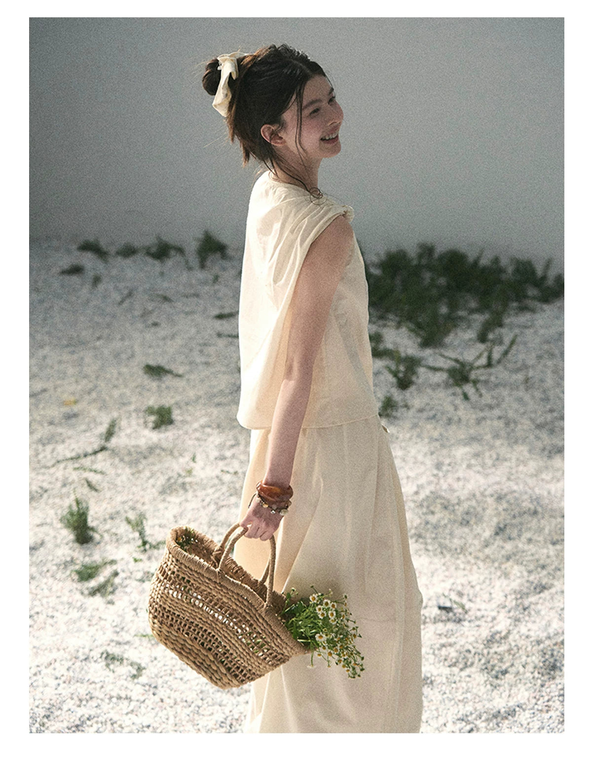 “Ivory Pleated Verse” Soft White Asymmetrical Twist Top & Skirt