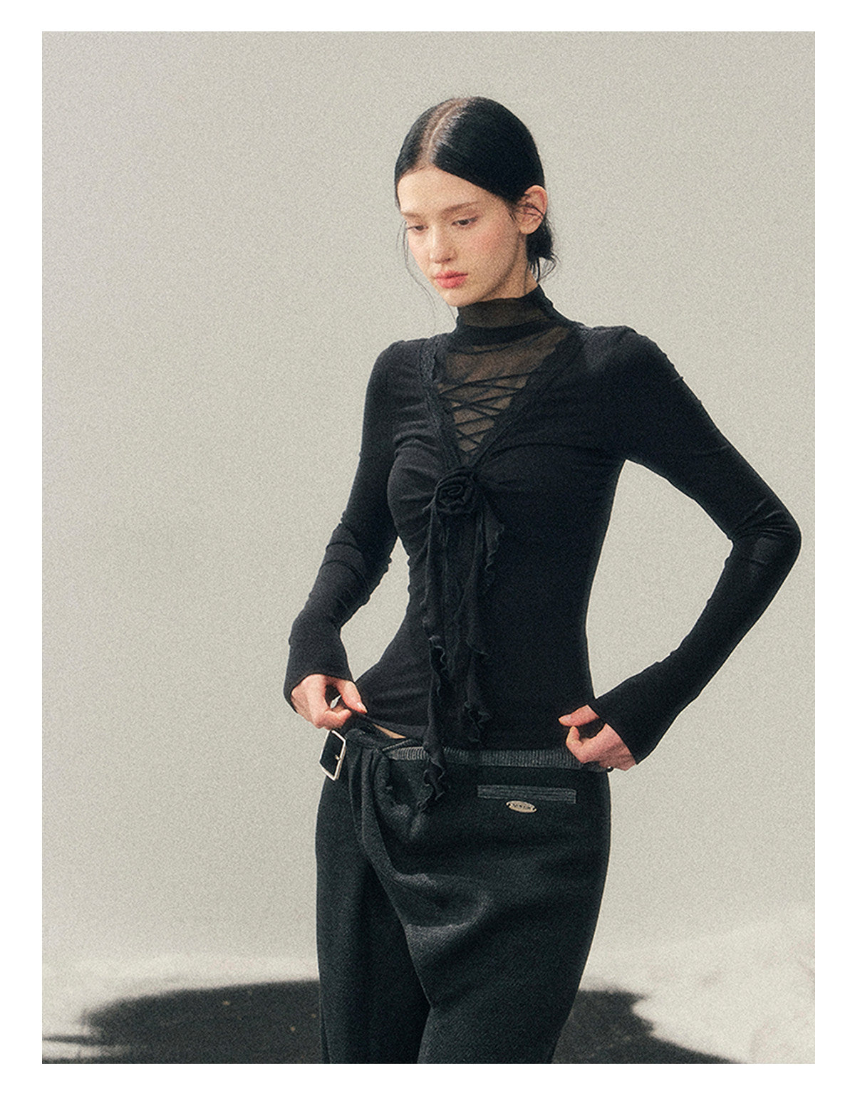 少也眼 “Vanishing Curve” Sheer Lace Turtleneck Base Top - Black