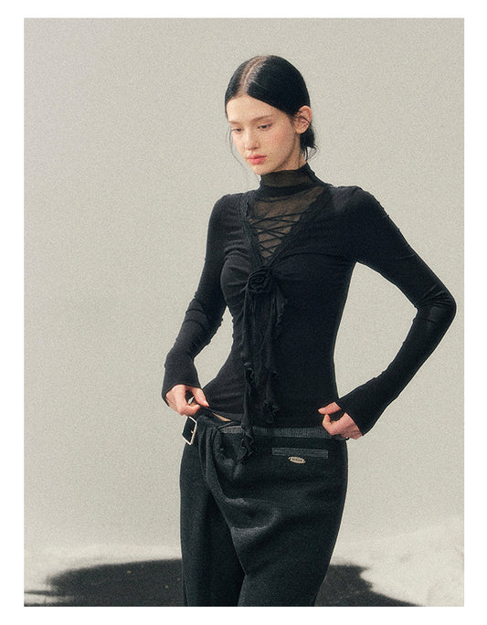 040126 “Vanishing Curve” Sheer Lace Turtleneck Base Top - Black
