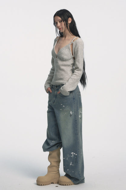 Muirgen - Gray Cut-Out Shoulder V-Neck Knit Top