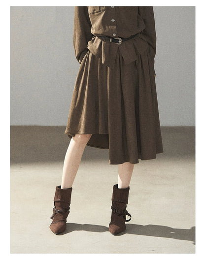 AOMALM - Terracotta Brown Shirt & Pleated Mini Skirt Set (With Belt)