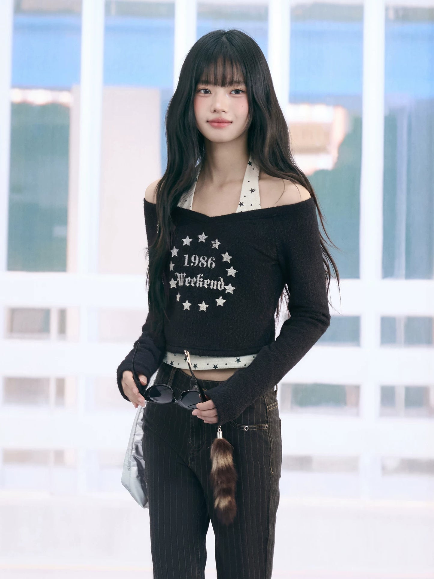 "Midnight Nova" Black Halter Layered Off-Shoulder Long Sleeve Top