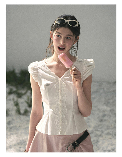 “Untouched Ivory” Pure White Lace Puff Sleeve Blouse