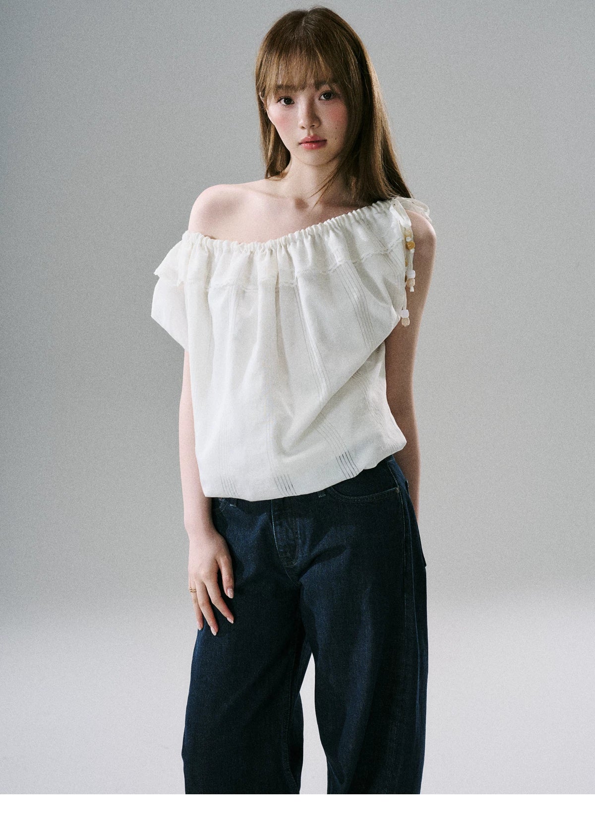 LOST FOREST - Natural Linen-Blend Drawstring Shoulder Top
