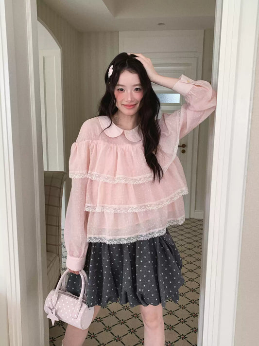 [RF] “Vanilla Blossom Reverie” Lace Blouse (Pink / White)