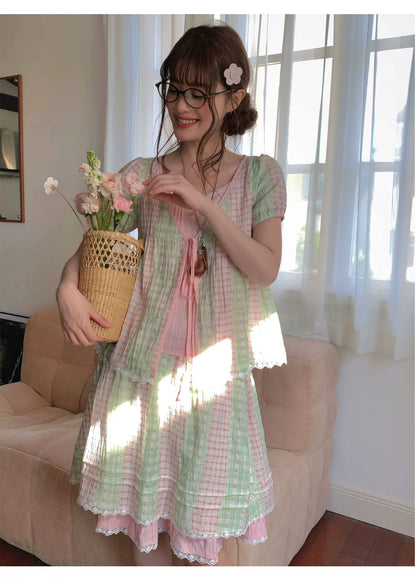 [RF] “Green Grape Picnic” Pastel Plaid Two-Piece Skirt Set