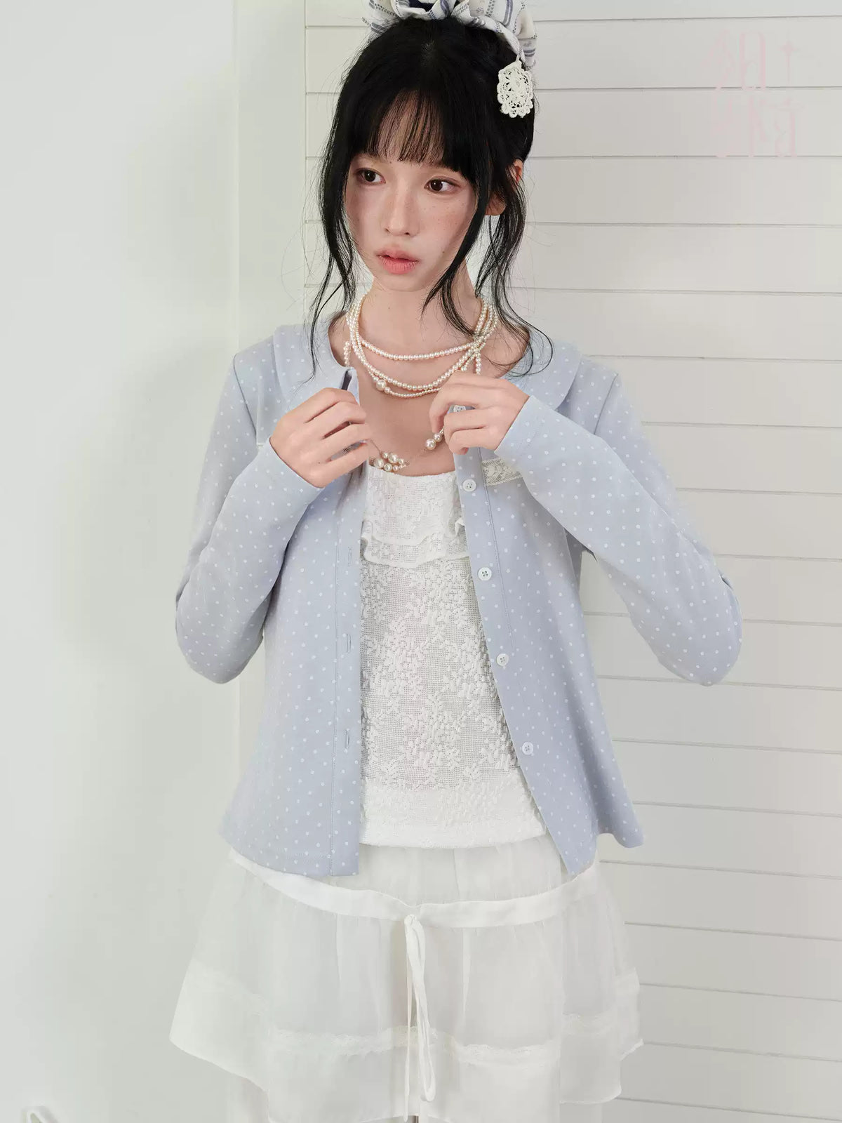 DAILY ARTIST - Light Blue Polka-Dot Peter Pan Collar Cardigan & Lace Cami Set