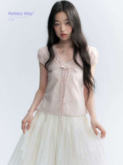 "Blush Sweetheart" Embroidered Puff Sleeve Blouse