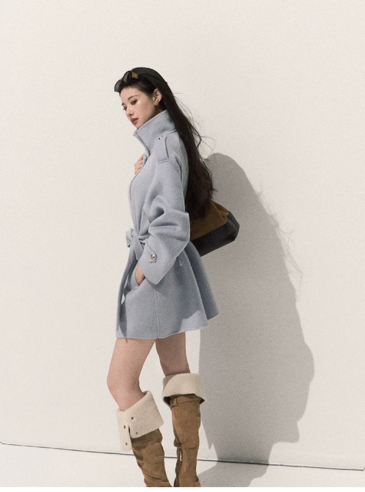 OAKMOO/ Pure Wool Belted Double-Faced Stand Collar Coat (Silver Blue / Flint Gray)