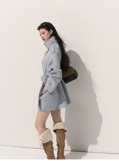 OAKMOO/ Pure Wool Belted Double-Faced Stand Collar Coat (Silver Blue / Flint Gray)