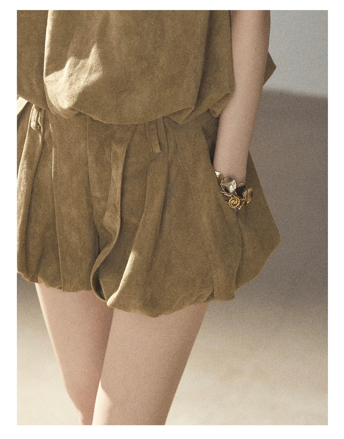 AOMALM - "The Veins of Leaves" Oatmeal French Faux Suede Top & Shorts Set