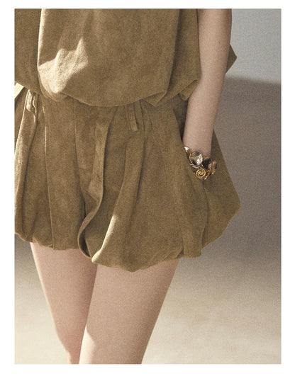 AOMALM - "The Veins of Leaves" Oatmeal French Faux Suede Top & Shorts Set