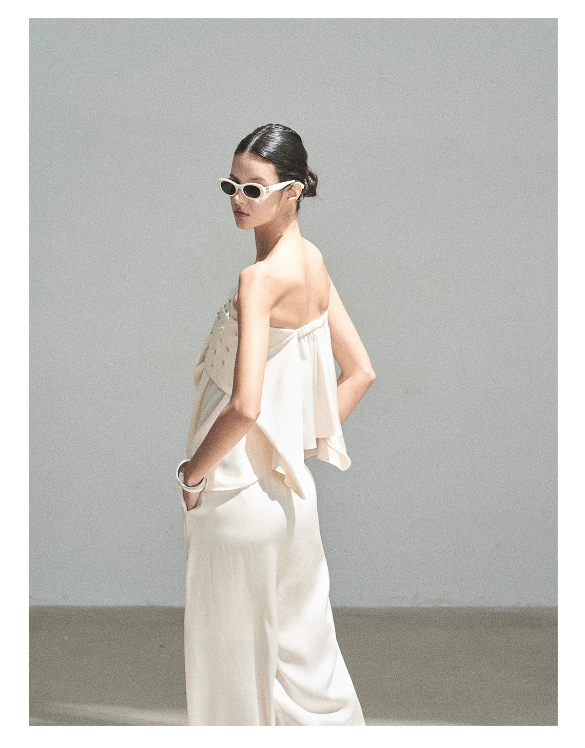 "Summer Rain at Dusk" Cream Beige Satin Two-Piece Set