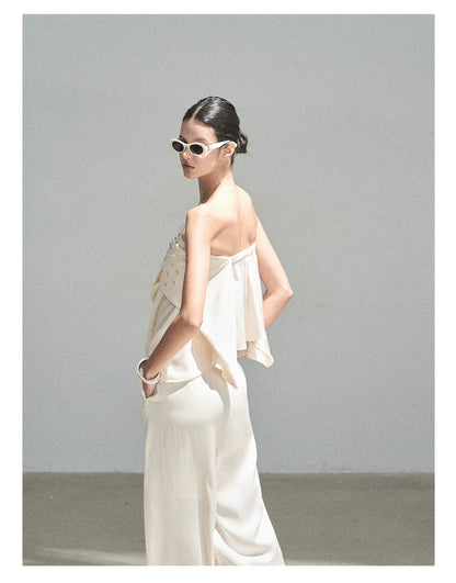 "Summer Rain at Dusk" Cream Beige Satin Two-Piece Set