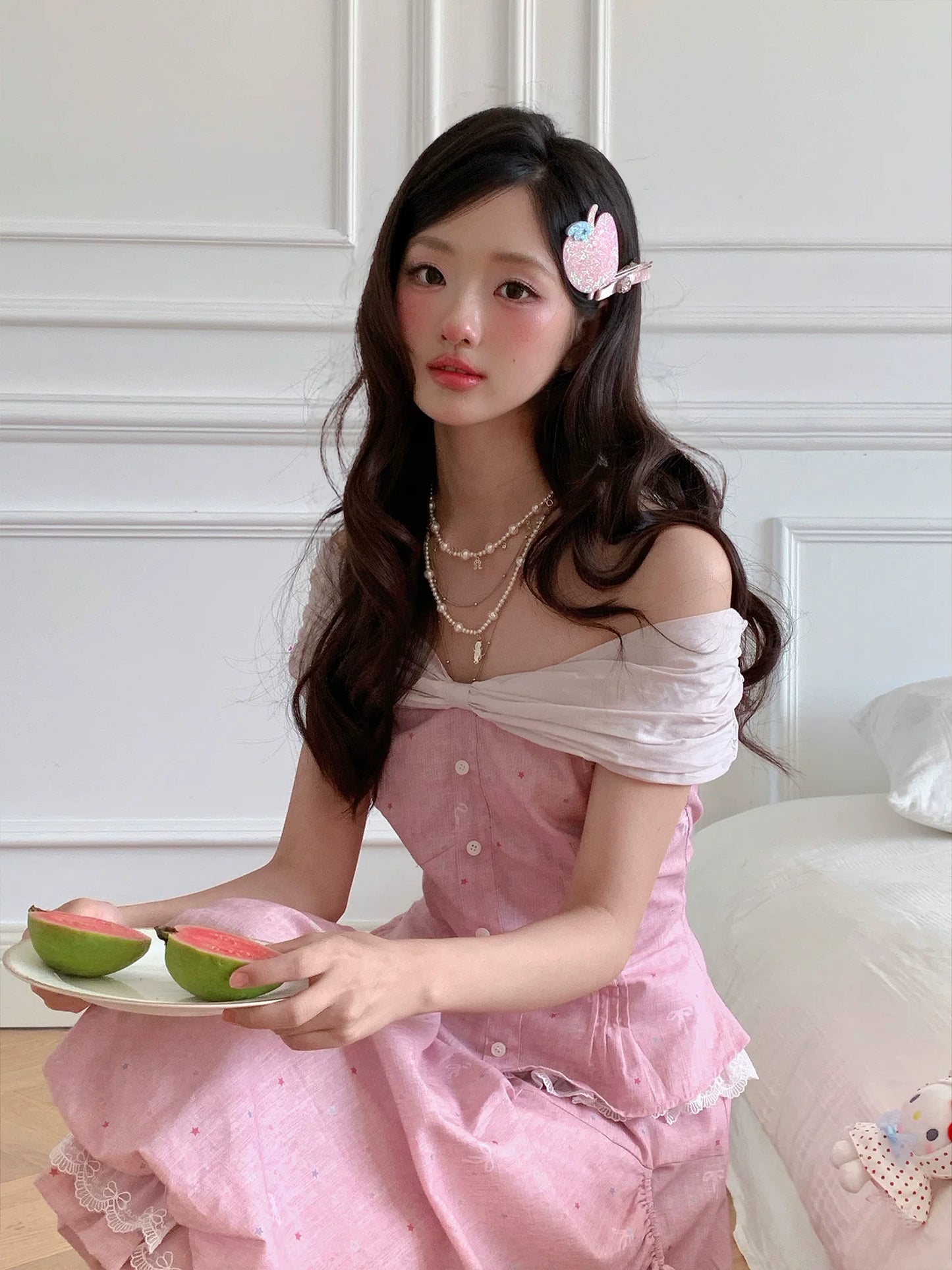 “Peach Mist Starlit Meadow” Pink Off-Shoulder Skirt Set