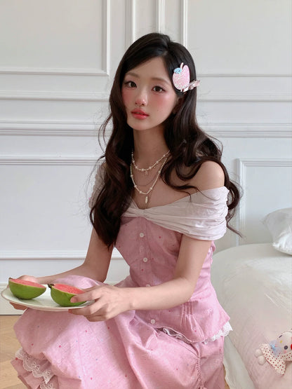“Peach Mist Starlit Meadow” Pink Off-Shoulder Skirt Set