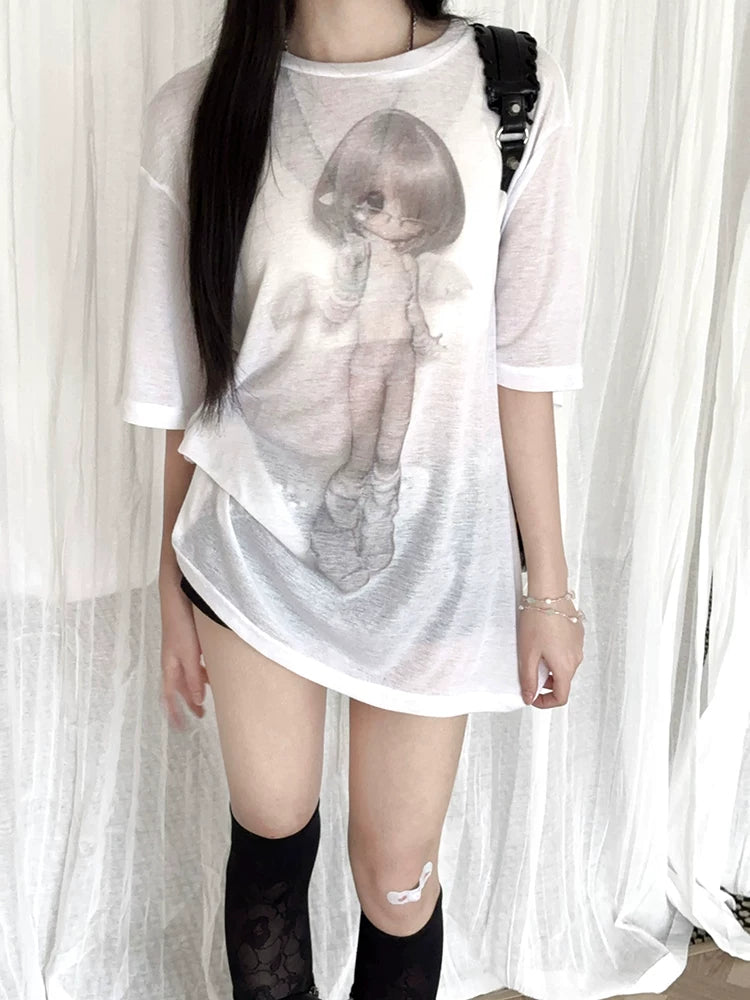 Gray & White Angel Original Licensed Two-Tone Vintage BJD Sheer Knit Cover-Up T-Shirt