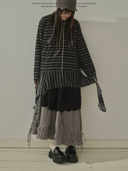 "Vintage Rhythm" Asymmetrical Knit Stripe Long Sleeve T-Shirt (Black / Gray)