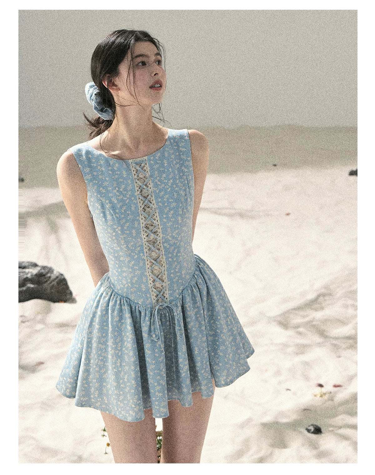"Sage Summer" Haze Blue Lace Floral Puff Mini Dress