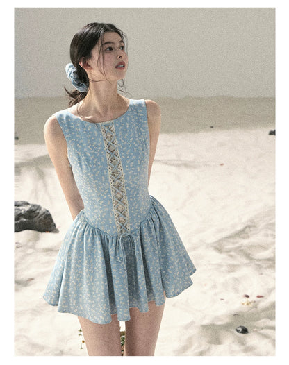 "Sage Summer" Haze Blue Lace Floral Puff Mini Dress