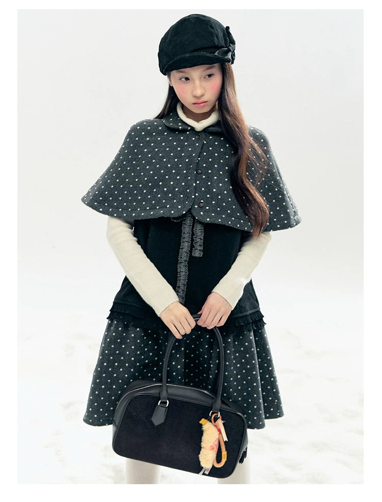 "Berlin Winter Chronicle" Black Polka Dot Capelet & Pinafore Dress Set