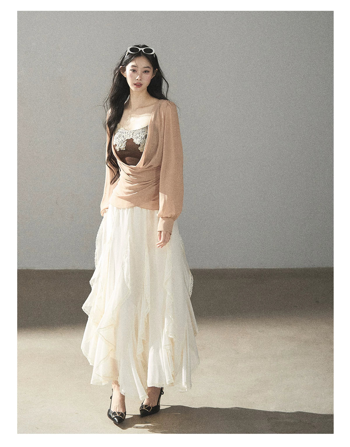 AOMALM - Cloud-Shaped French Lace Ruffle Midi Skirt – Elegant Autumn Maxi
