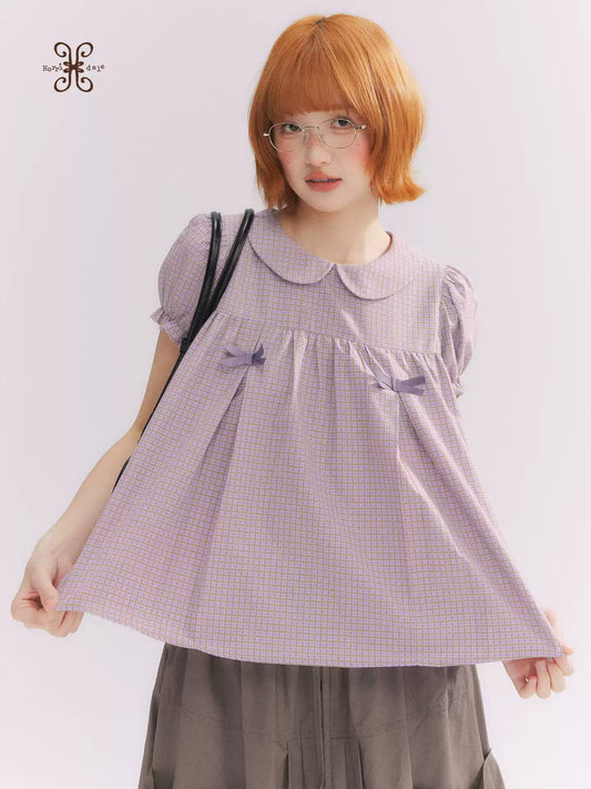 “Taro Milk Candy” Purple Plaid Bow Peter Pan Collar Puff Sleeve Blouse