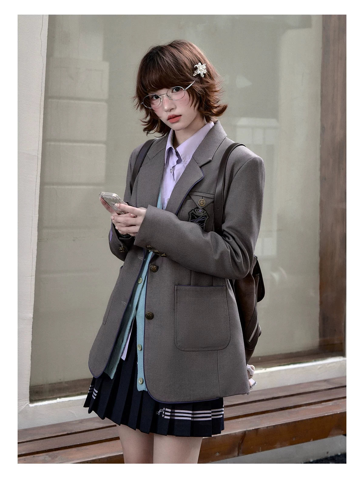 "Snow Lily Legacy" Gray Oversized School Blazer