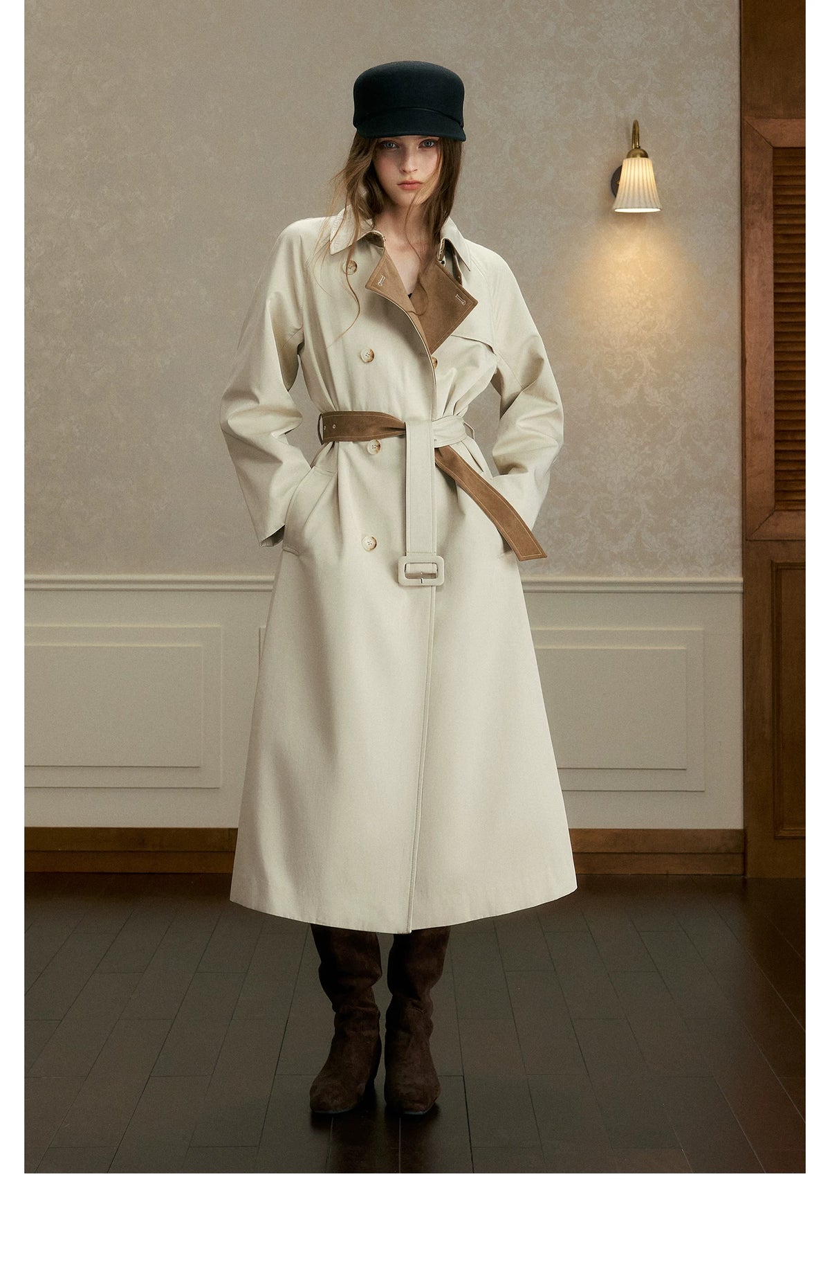 oshea - Moonlight Gray Double-Breasted Belted Long Trench Coat